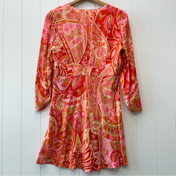 Rixo Jules Abstract Print Mini Dress 100% Silk Paisley Pink Retro Hippie Boho XL - Picture 8 of 16